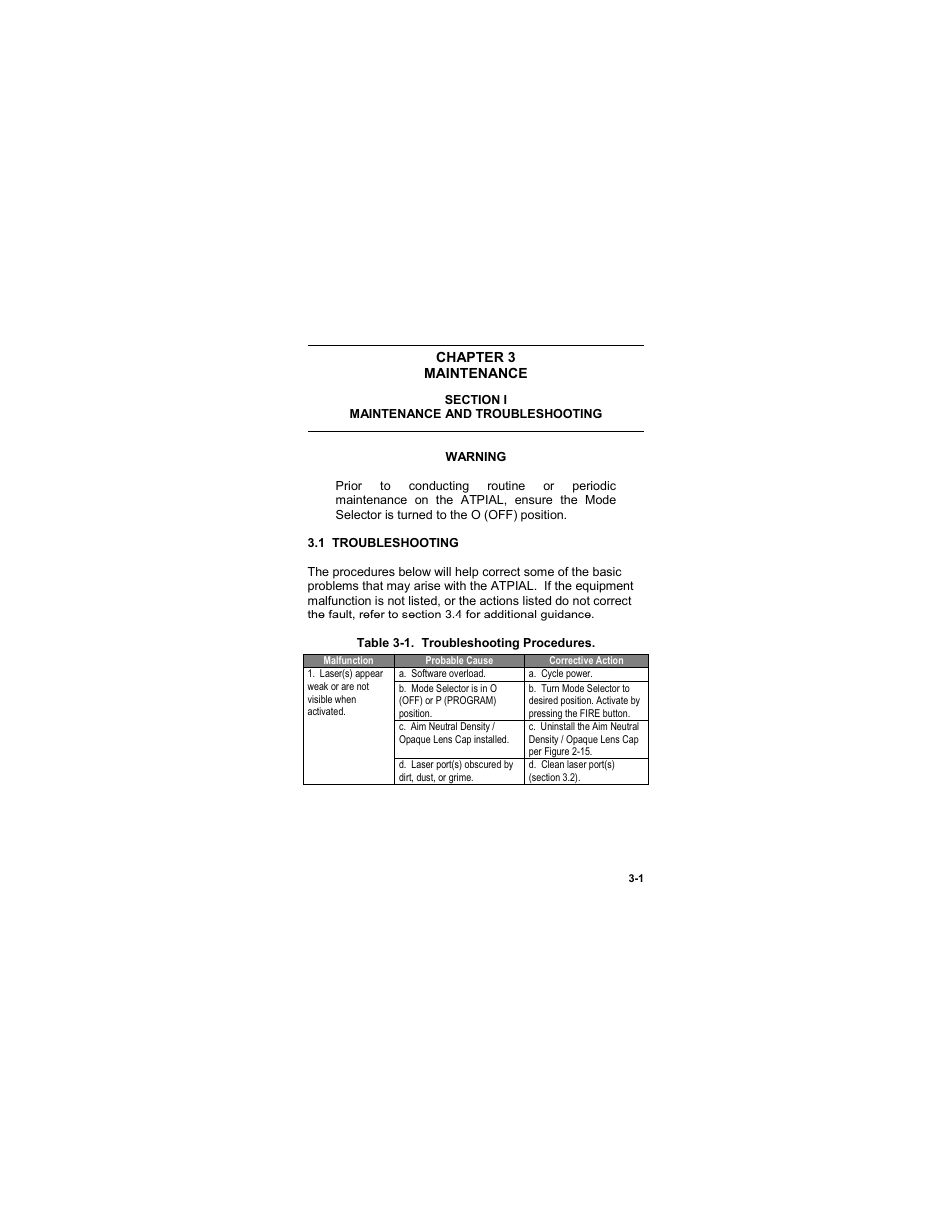 Maintenance, Section i, Maintenance and troubleshooting | 1 troubleshooting, Chapter 3 -1, Maintenance -1, Section i -1, Maintenance and troubleshooting -1, 1 troubleshooting -1 | EOTech ATPIAL (AN/PEQ-15) - ADVANCED TARGET POINTER ILLUMINATOR AIMING LIGHT User Manual | Page 51 / 70