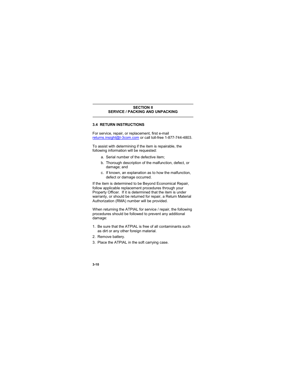 Section ii, Service / packing and unpacking, 4 return instructions | Section ii -10, Service / packing and unpacking -10, 4 return instructions -10 | EOTech ATPIAL (AN/PEQ-15) - ADVANCED TARGET POINTER ILLUMINATOR AIMING LIGHT User Manual | Page 60 / 70