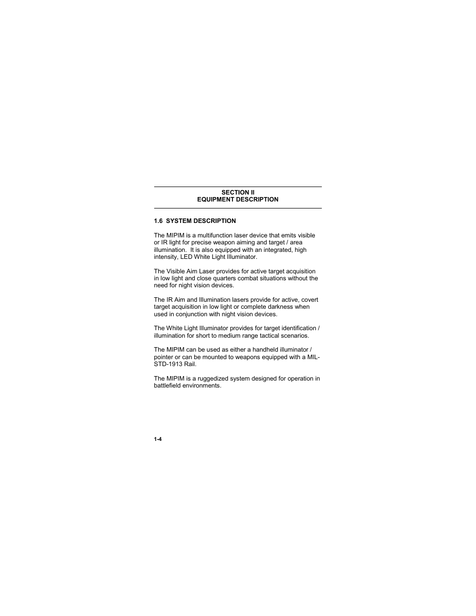 Section ii, Equipment description, 6 system description | Section ii -4, Equipment description -4, 6 system description -4 | EOTech MIPIM (AN/PEQ-16B) - Mini Integrated Pointer Illuminator Module User Manual | Page 16 / 74