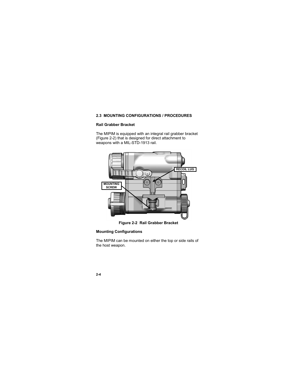 3 mounting configurations / procedures, 3 mounting configurations / procedures -4, Figure 2-2 rail grabber bracket | EOTech MIPIM (AN/PEQ-16B) - Mini Integrated Pointer Illuminator Module User Manual | Page 30 / 74