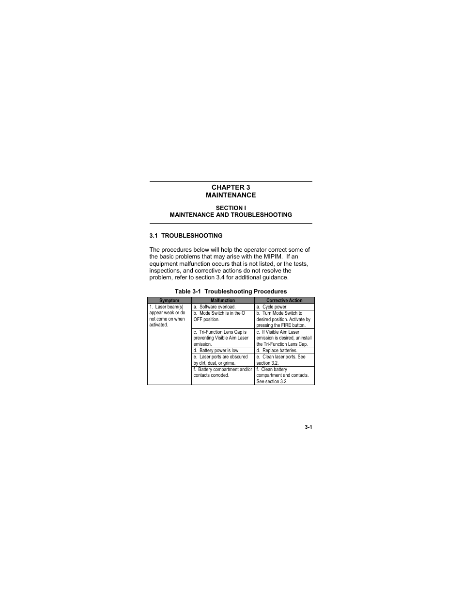 Maintenance, Section i, Maintenance and troubleshooting | 1 troubleshooting, Chapter 3 -1, Maintenance -1, Section i -1, Maintenance and troubleshooting -1, 1 troubleshooting -1, Table 3-1 troubleshooting procedures | EOTech MIPIM (AN/PEQ-16B) - Mini Integrated Pointer Illuminator Module User Manual | Page 53 / 74