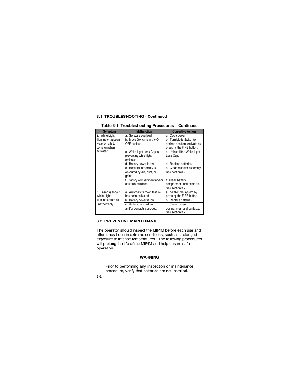2 preventive maintenance, 2 preventive maintenance -2 | EOTech MIPIM (AN/PEQ-16B) - Mini Integrated Pointer Illuminator Module User Manual | Page 54 / 74