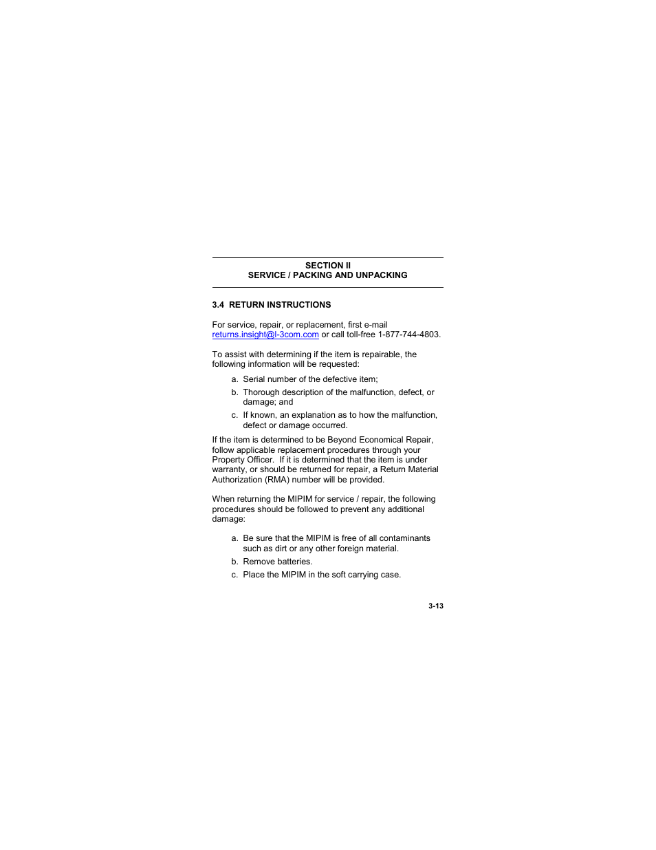 Section ii, Service / packing and unpacking, 4 return instructions | Section ii -13, Service / packing and unpacking -13, 4 return instructions -13 | EOTech MIPIM (AN/PEQ-16B) - Mini Integrated Pointer Illuminator Module User Manual | Page 65 / 74