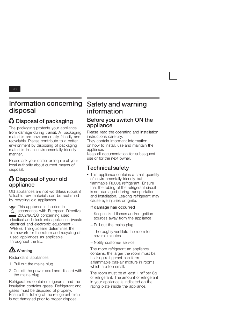 Information concerning disposal, Safety and warning information, X disposal of packaging | X disposal of your old appliance, Before you switch on the appliance, Technical safety | Bosch KIL18V20FF Réfrigérateur intégrable Confort Fixation de porte par glissières User Manual | Page 16 / 74