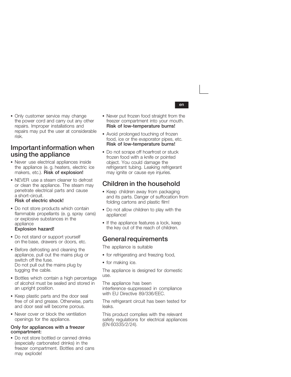 Important information when using the appliance, Children in the household, General requirements | Bosch KIL18V20FF Réfrigérateur intégrable Confort Fixation de porte par glissières User Manual | Page 17 / 74