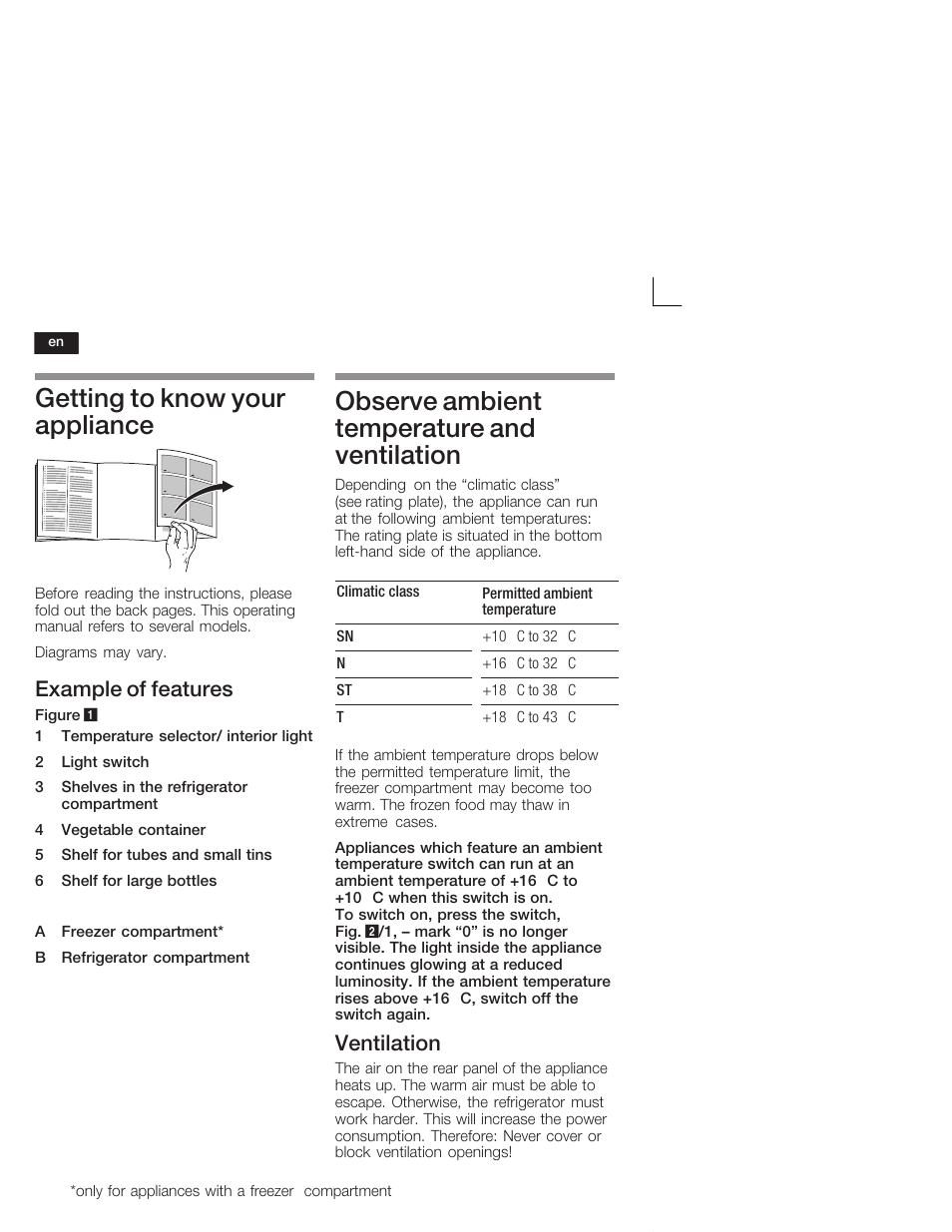 Getting to know your appliance, Observe ambient temperature and ventilation, Example of features | Ventilation | Bosch KIL18V20FF Réfrigérateur intégrable Confort Fixation de porte par glissières User Manual | Page 18 / 74