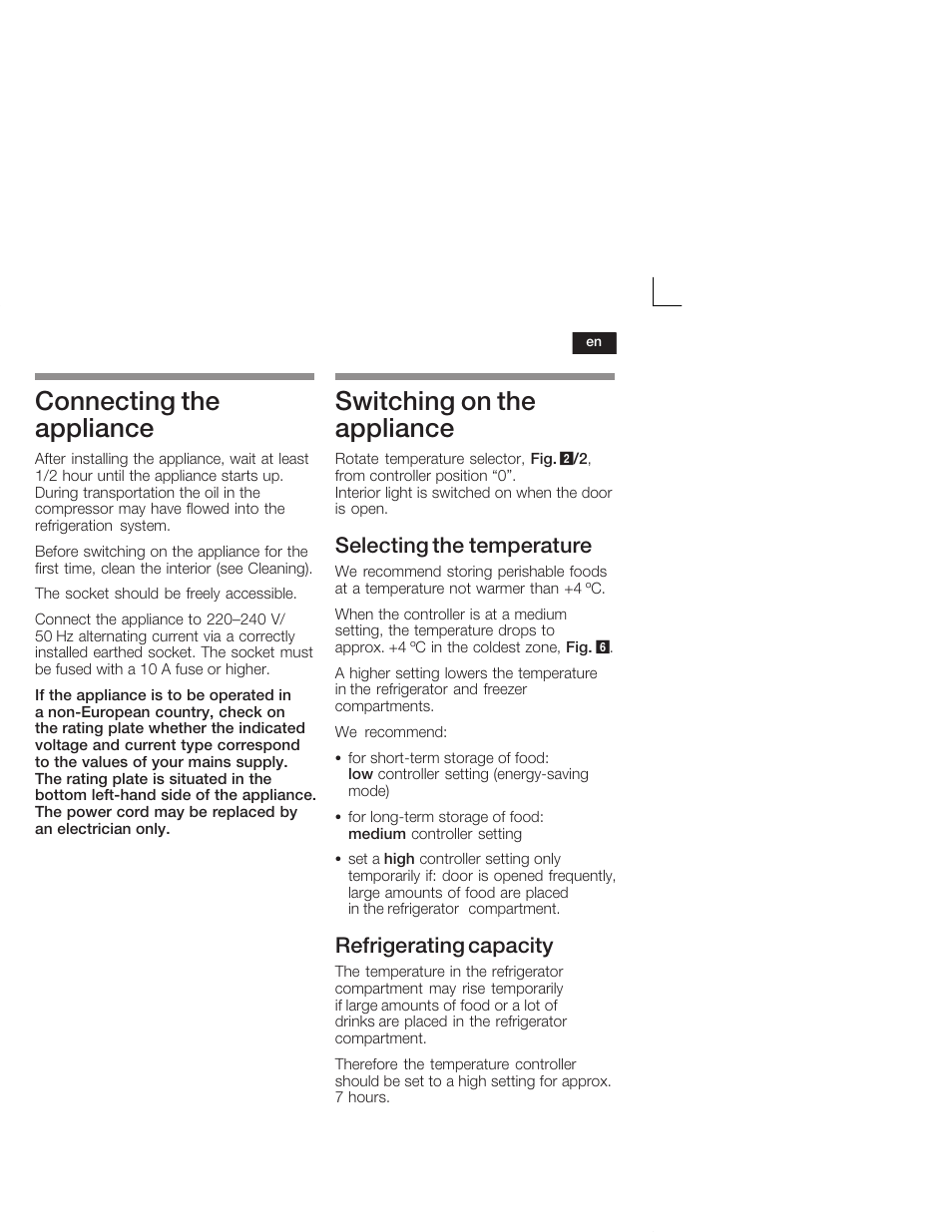 Connecting the appliance, Switching on the appliance, Selecting the temperature | Refrigerating capacity | Bosch KIL18V20FF Réfrigérateur intégrable Confort Fixation de porte par glissières User Manual | Page 19 / 74