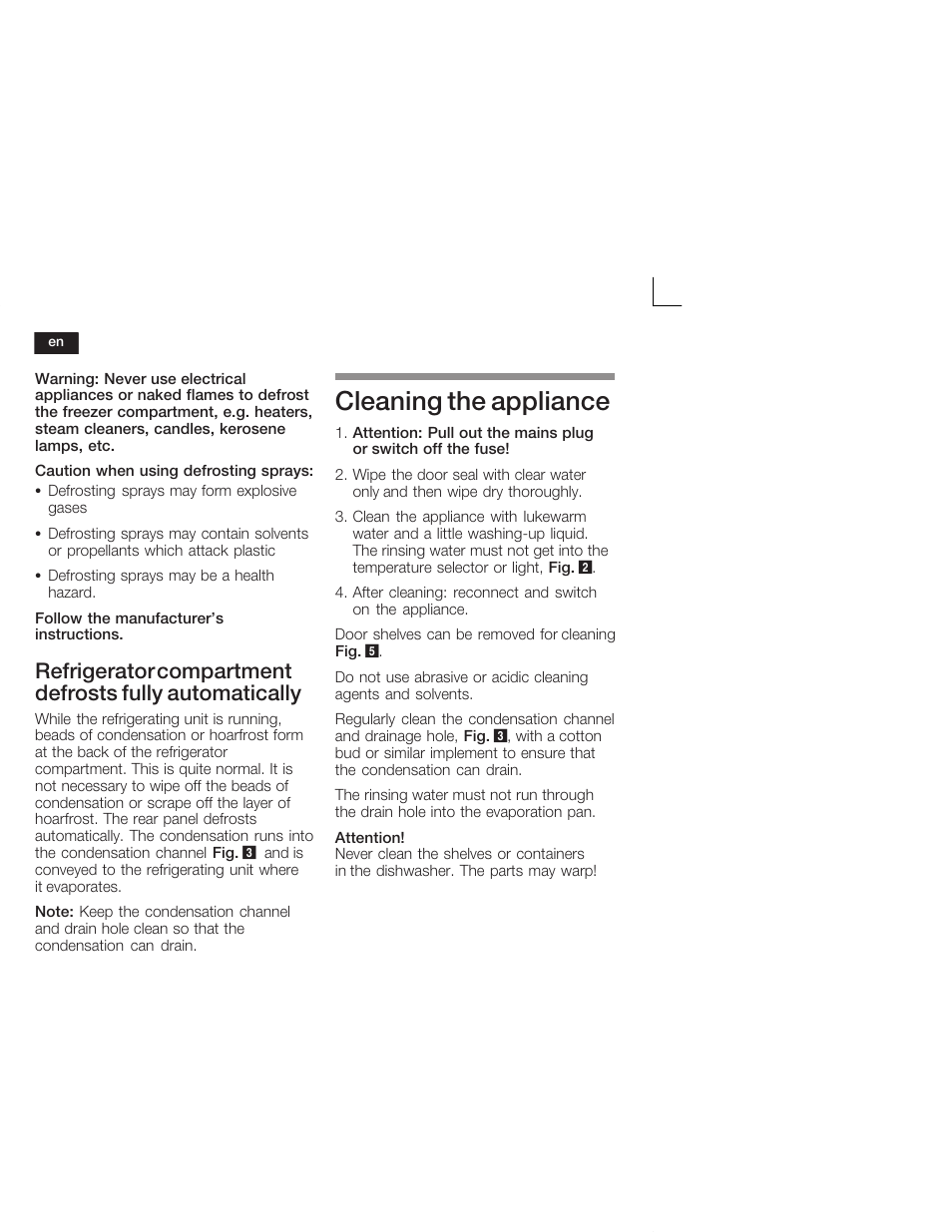 Cleaning the appliance | Bosch KIL18V20FF Réfrigérateur intégrable Confort Fixation de porte par glissières User Manual | Page 24 / 74