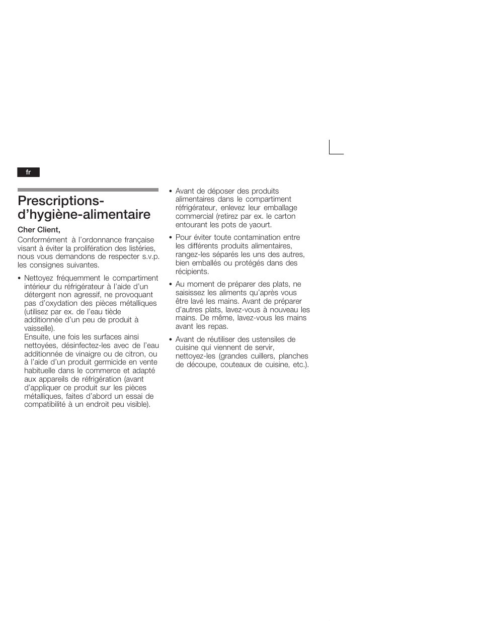 Prescriptionsć d'hygiènećalimentaire | Bosch KIL18V20FF Réfrigérateur intégrable Confort Fixation de porte par glissières User Manual | Page 28 / 74