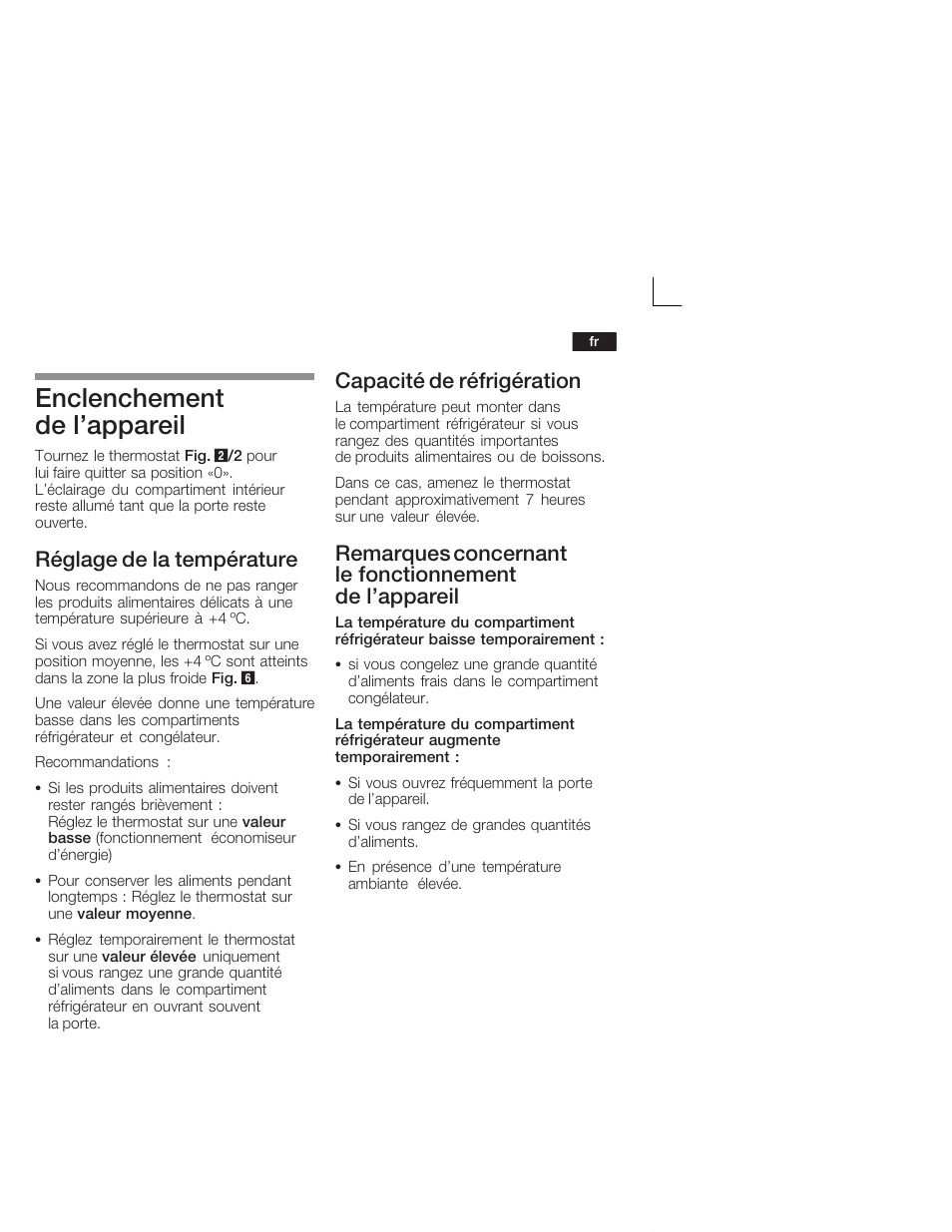 Enclenchement de l'appareil, Réglage de la température, Capacité de réfrigération | Bosch KIL18V20FF Réfrigérateur intégrable Confort Fixation de porte par glissières User Manual | Page 33 / 74