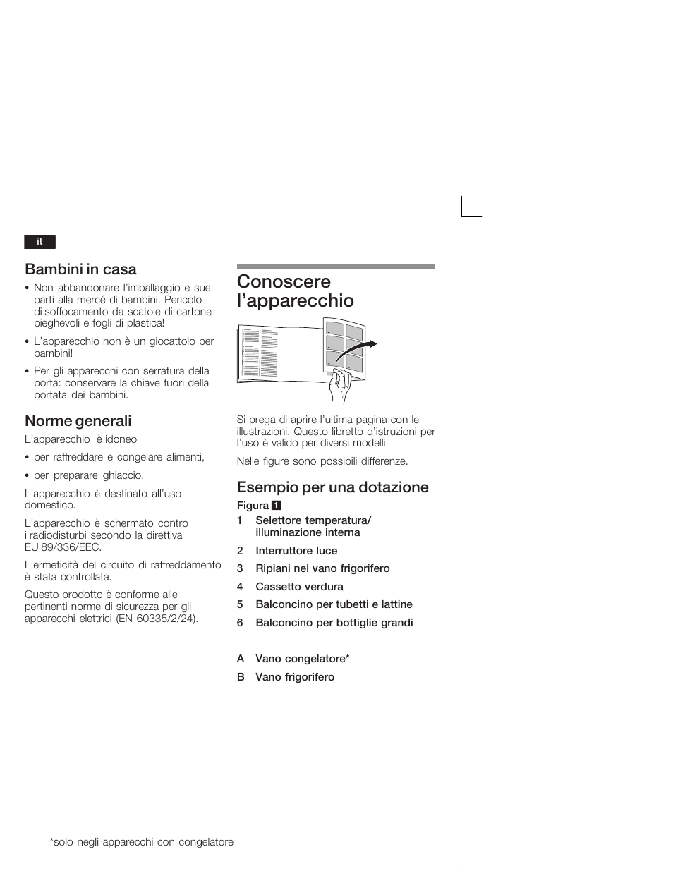 Conoscere l'apparecchio, Bambini in casa, Norme generali | Esempio per una dotazione | Bosch KIL18V20FF Réfrigérateur intégrable Confort Fixation de porte par glissières User Manual | Page 46 / 74