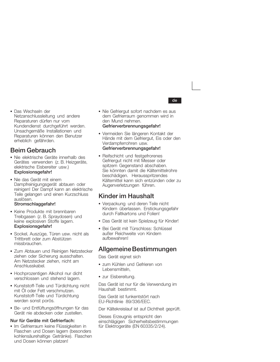 Beim gebrauch, Kinder im haushalt, Allgemeine bestimmungen | Bosch KIL18V20FF Réfrigérateur intégrable Confort Fixation de porte par glissières User Manual | Page 5 / 74