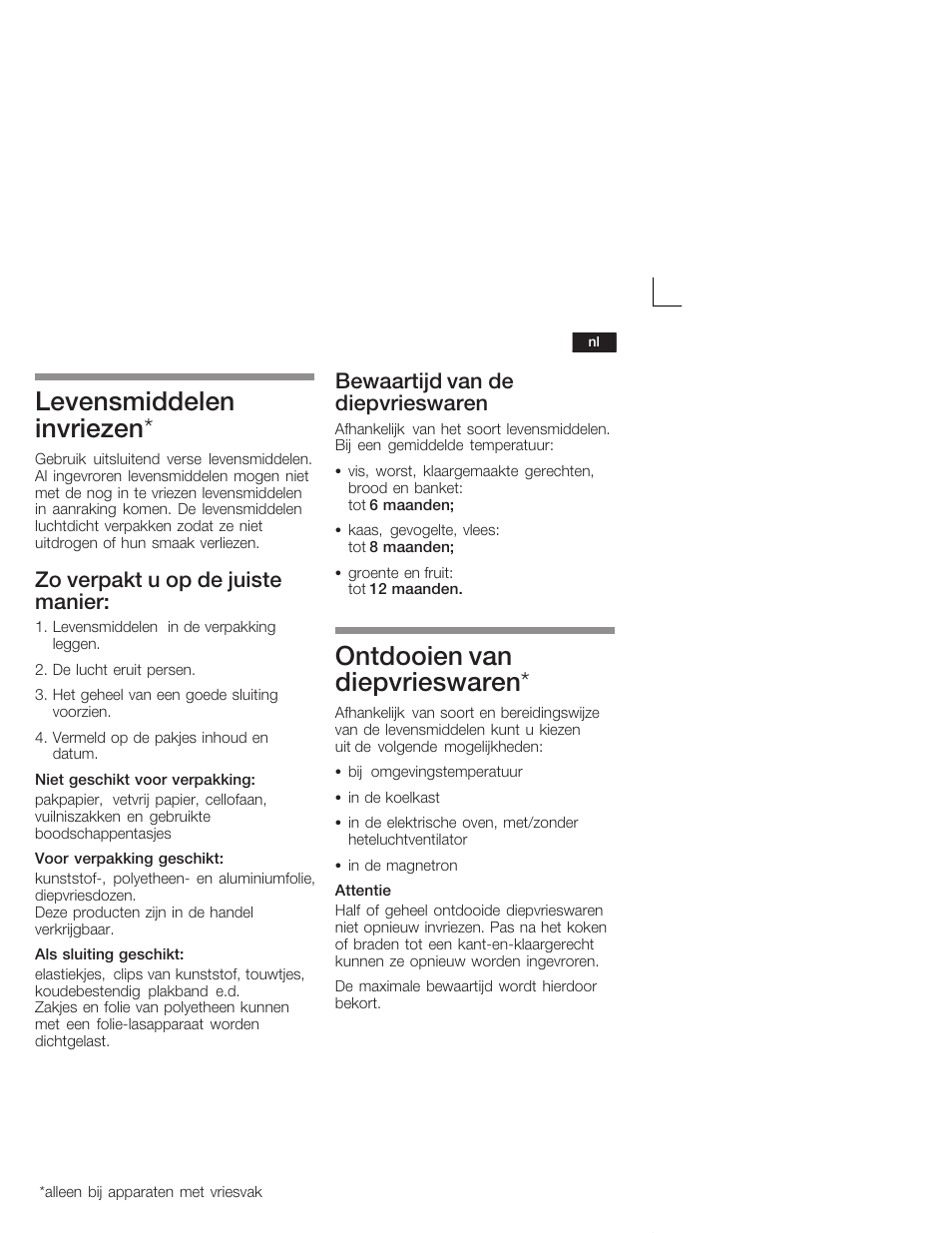 Levensmiddelen invriezen, Ontdooien van diepvrieswaren, Zo verpakt u op de juiste manier | Bewaartijd van de diepvrieswaren | Bosch KIL18V20FF Réfrigérateur intégrable Confort Fixation de porte par glissières User Manual | Page 65 / 74