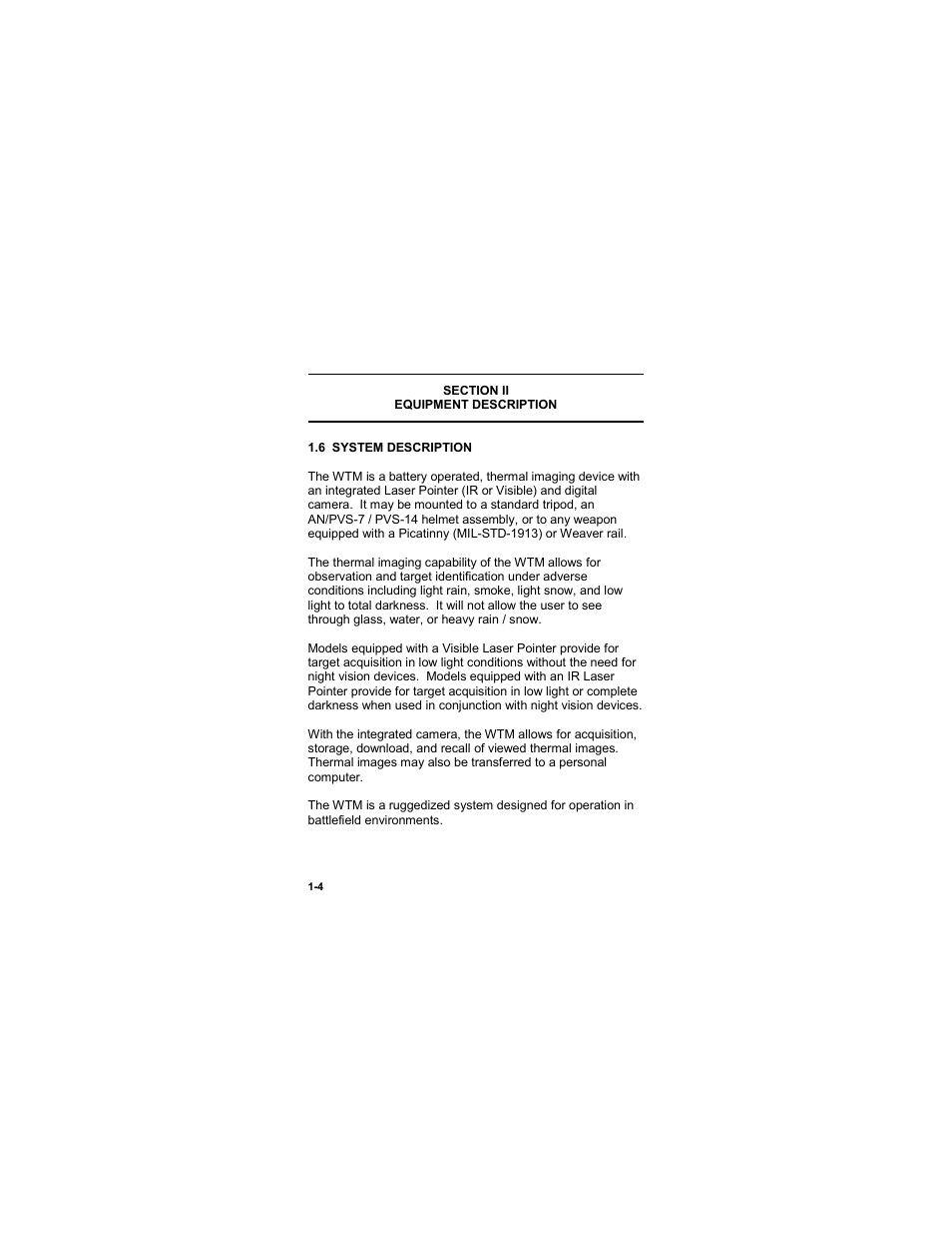 Section ii, Equipment description, 6 system description | Section ii -4, Equipment description -4, 6 system description -4 | EOTech MTM Mini-Thermal Monocular User Manual | Page 16 / 68