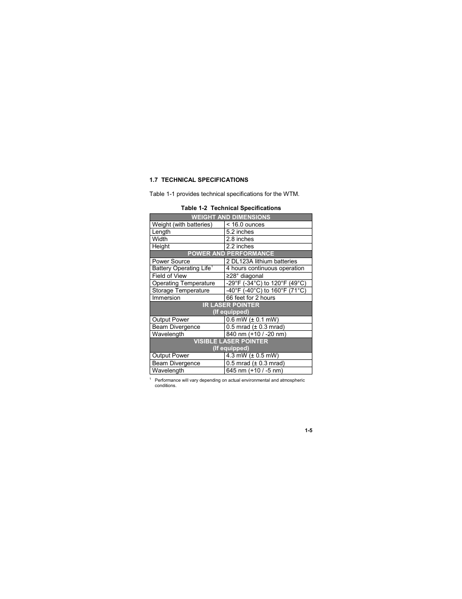 7 technical specifications, 7 technical specifications -5, Table 1-2 technical specifications | EOTech MTM Mini-Thermal Monocular User Manual | Page 17 / 68