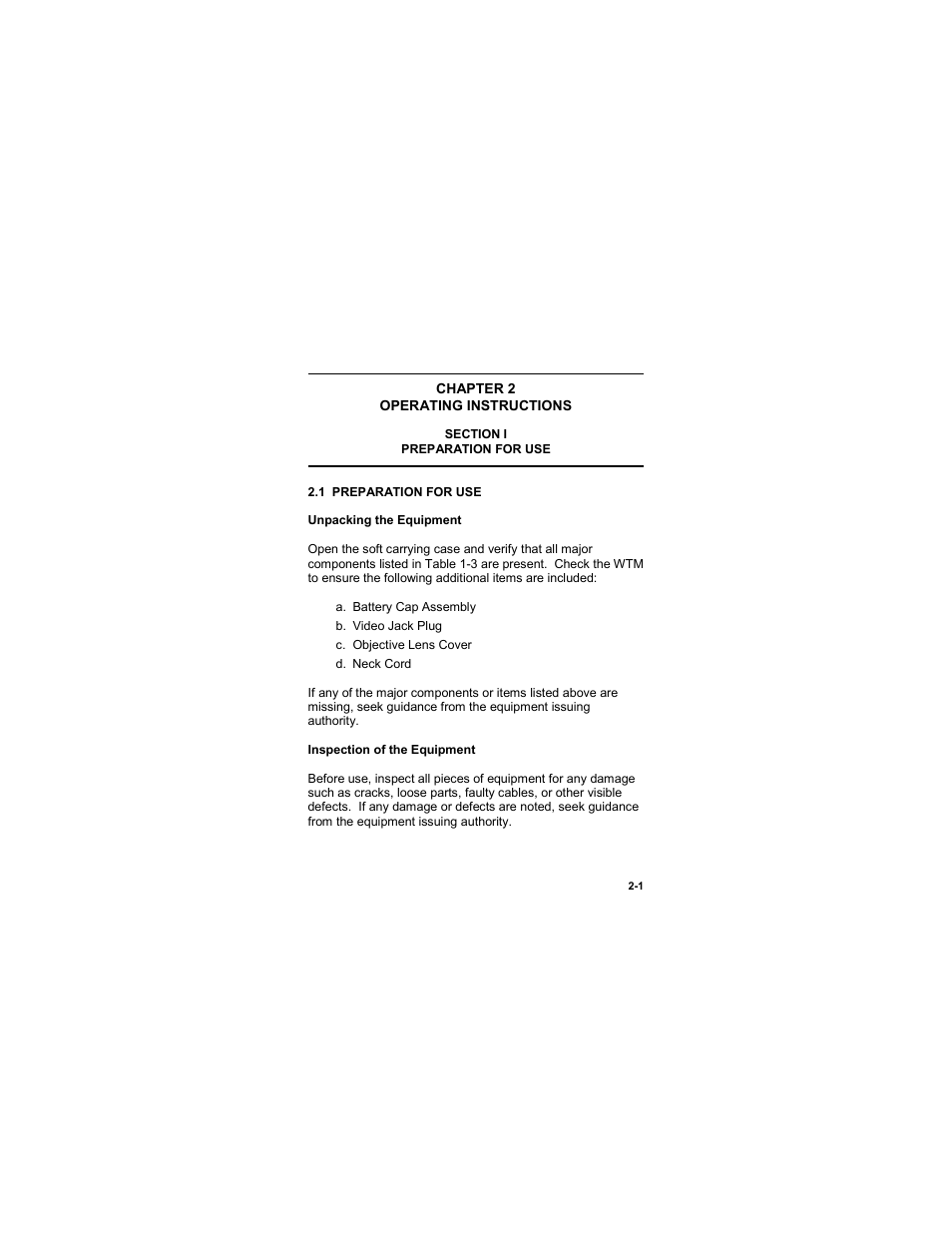 Operating instructions, Section i, Preparation for use | 1 preparation for use, Chapter 2 -1, Operating instructions -1, Section i -1, Preparation for use -1, 1 preparation for use -1 | EOTech MTM Mini-Thermal Monocular User Manual | Page 21 / 68