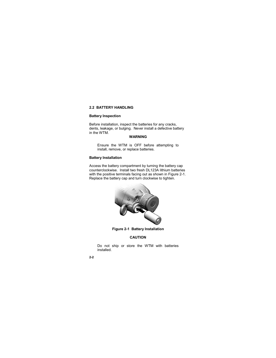 2 battery handling, 2 battery handling -2, Figure 2-1 battery installation | EOTech MTM Mini-Thermal Monocular User Manual | Page 22 / 68