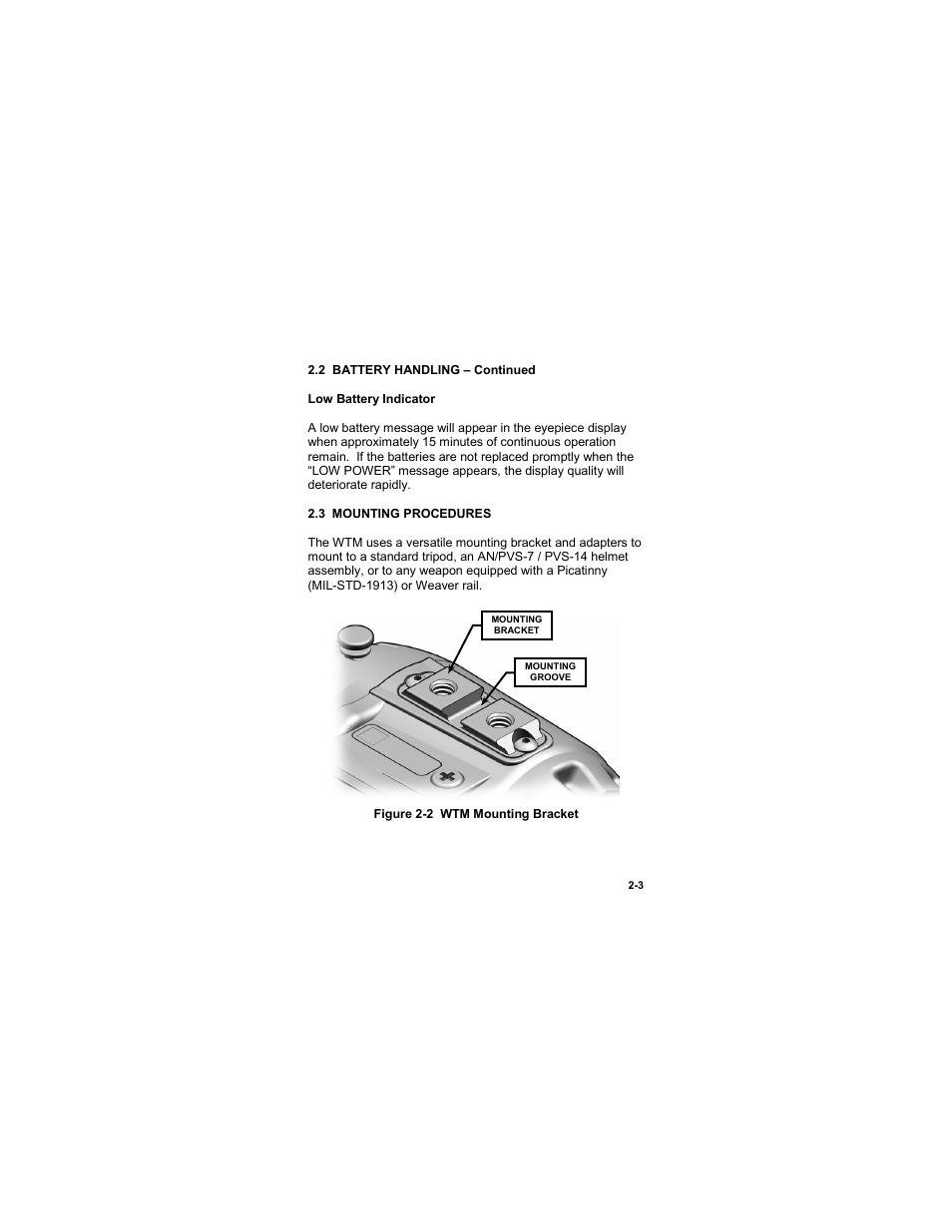 3 mounting procedures, 3 mounting procedures -3, Figure 2-2 wtm mounting bracket | EOTech MTM Mini-Thermal Monocular User Manual | Page 23 / 68