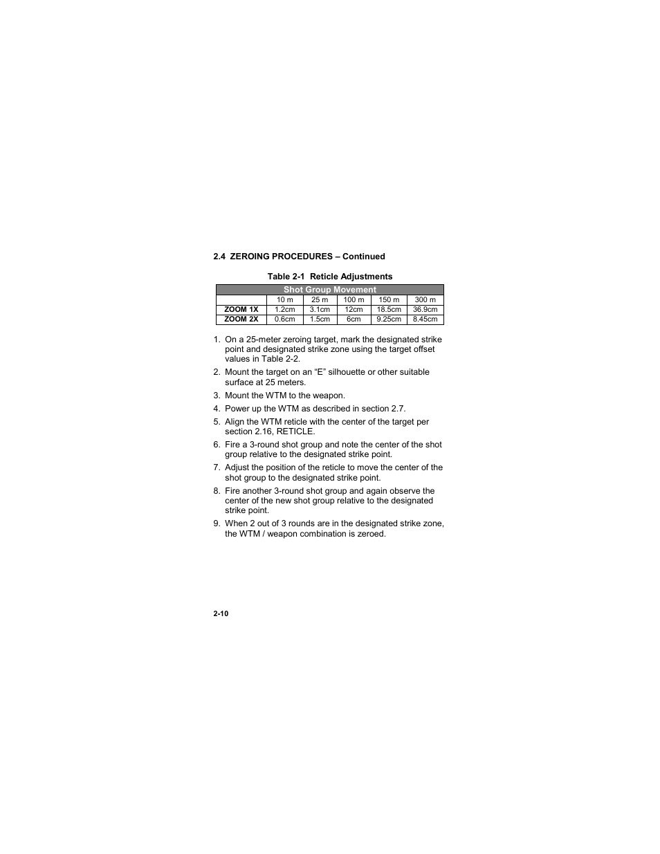 Table 2-1 reticle adjustments | EOTech MTM Mini-Thermal Monocular User Manual | Page 30 / 68