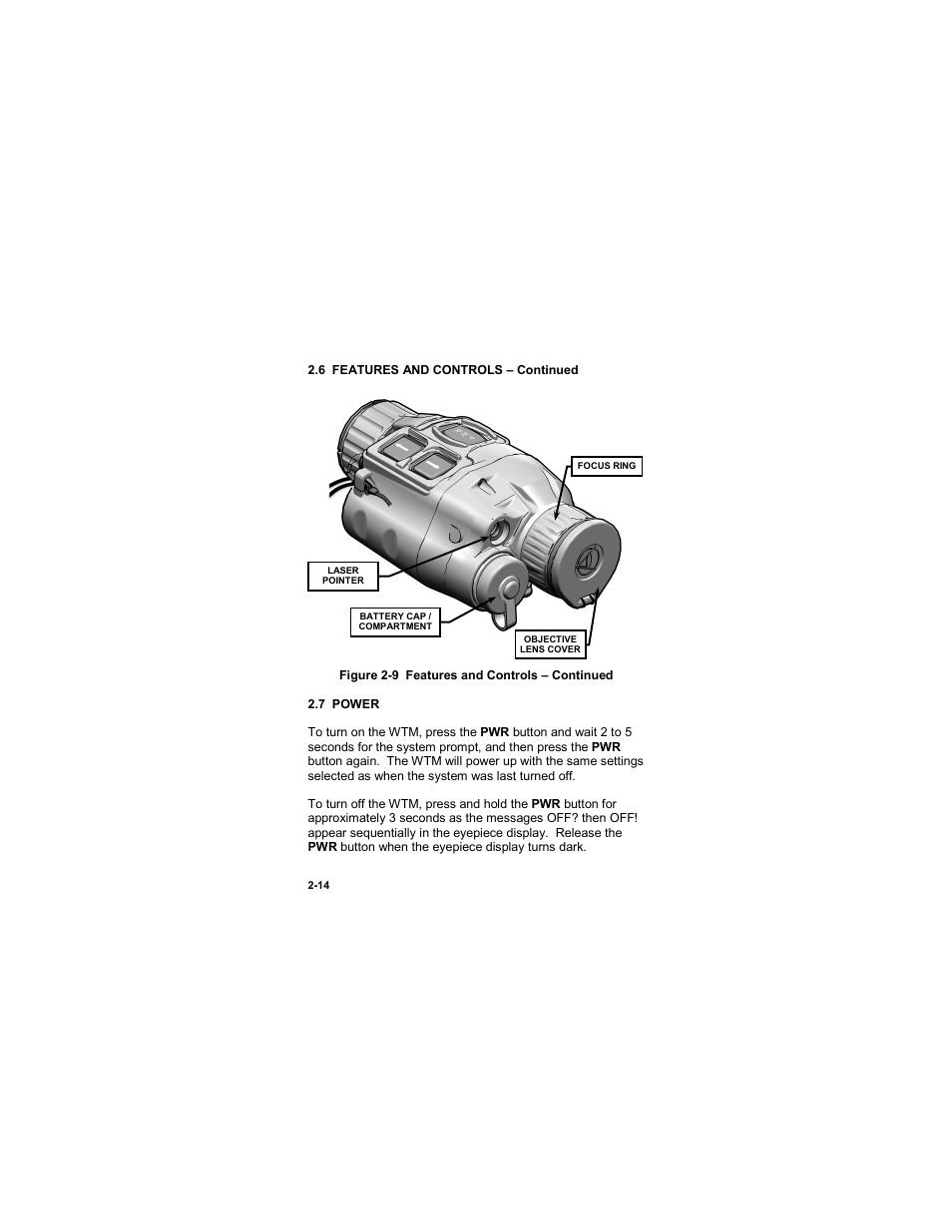 7 power, 7 power -14, Figure 2-9 features and controls – continued | EOTech MTM Mini-Thermal Monocular User Manual | Page 34 / 68
