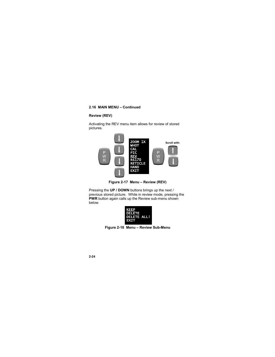 Figure 2-17 menu – review (rev), Figure 2-18 menu – review sub-menu | EOTech MTM Mini-Thermal Monocular User Manual | Page 44 / 68