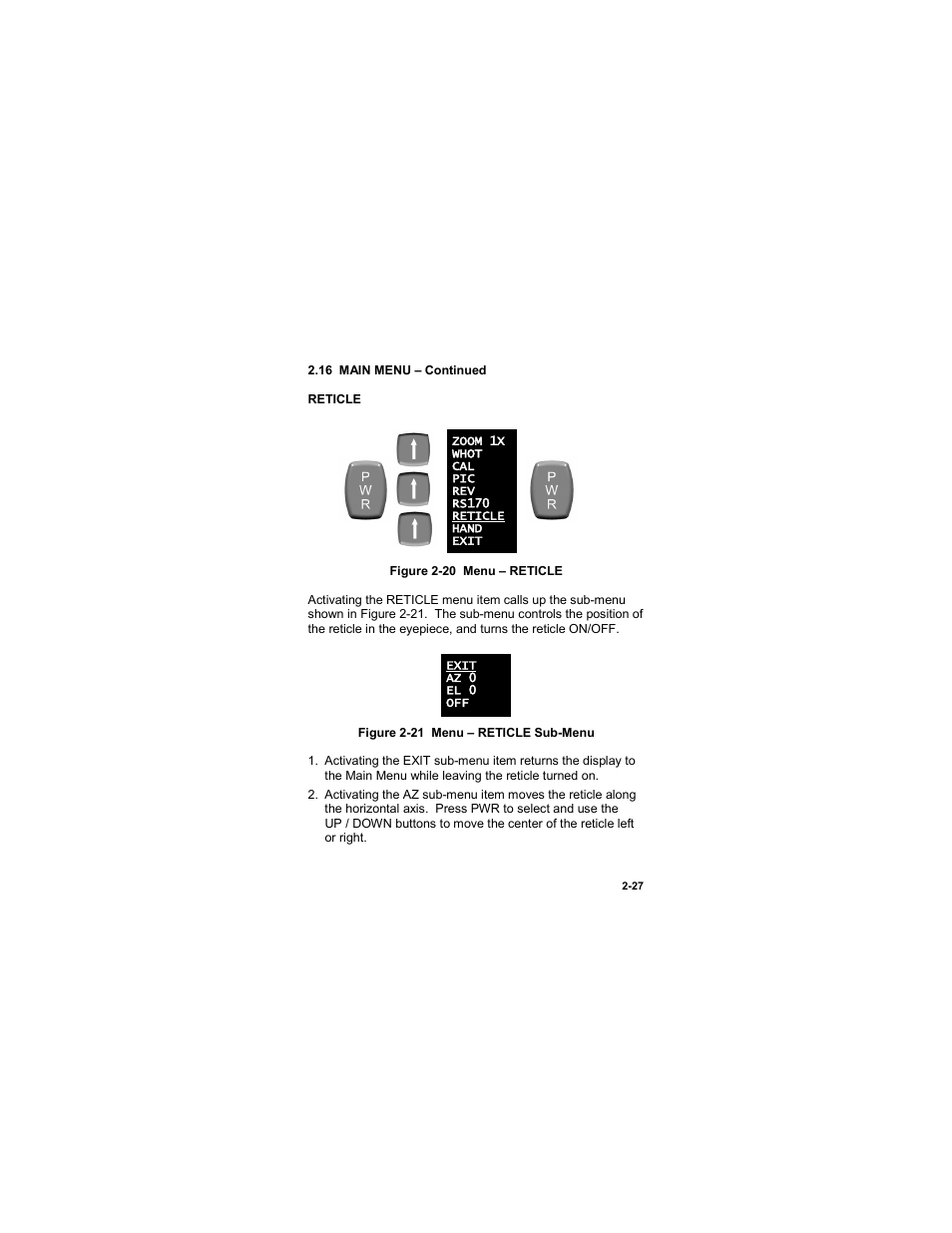 Figure 2-20 menu – reticle, Figure 2-21 menu – reticle sub-menu | EOTech MTM Mini-Thermal Monocular User Manual | Page 47 / 68