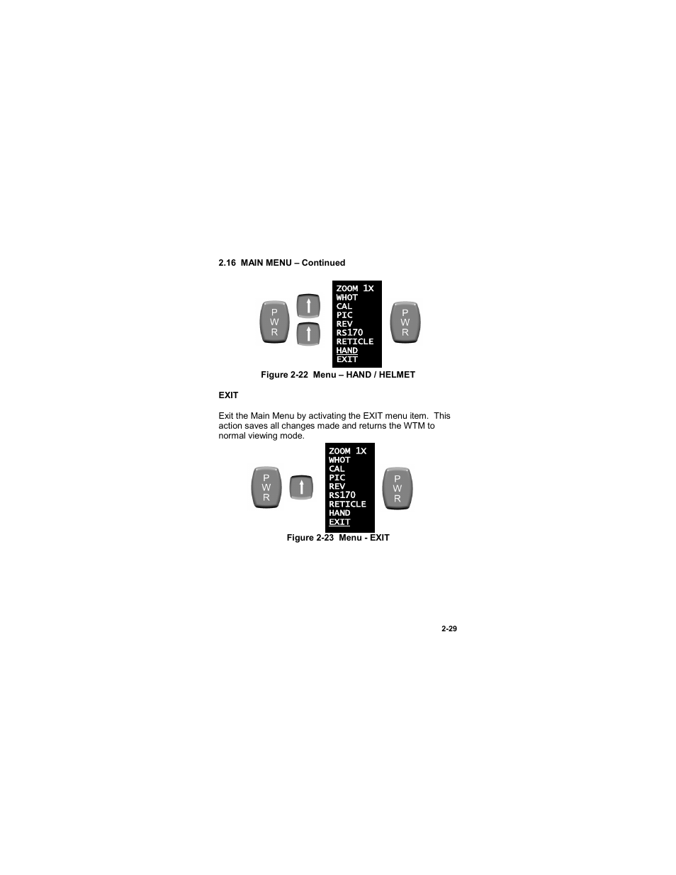 Figure 2-22 menu – hand / helmet, Figure 2-23 menu - exit | EOTech MTM Mini-Thermal Monocular User Manual | Page 49 / 68