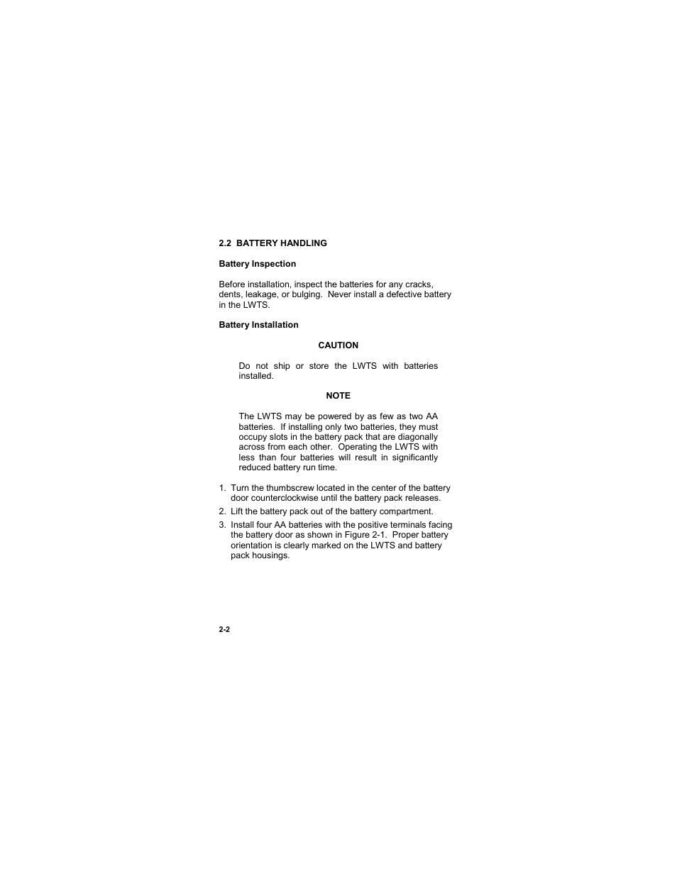 2 battery handling, 2 battery handling -2 | EOTech LWTS Light Weapon Thermal Sight User Manual | Page 20 / 82