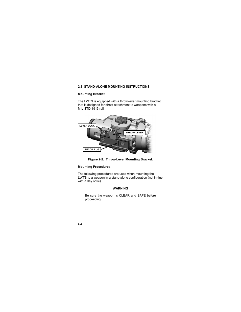 3 stand-alone mounting instructions, 3 stand-alone mounting instructions -4, Figure 2-2. throw-lever mounting bracket -4 | EOTech LWTS Light Weapon Thermal Sight User Manual | Page 22 / 82