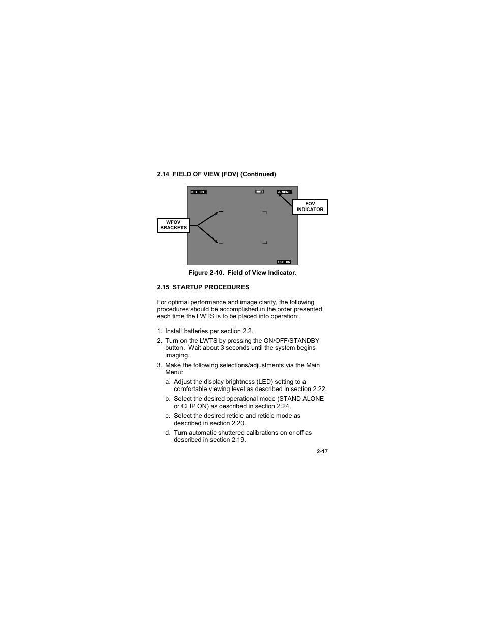 15 startup procedures, 15 startup procedures -17, Figure 2-10. field of view indicator -17 | EOTech LWTS Light Weapon Thermal Sight User Manual | Page 35 / 82