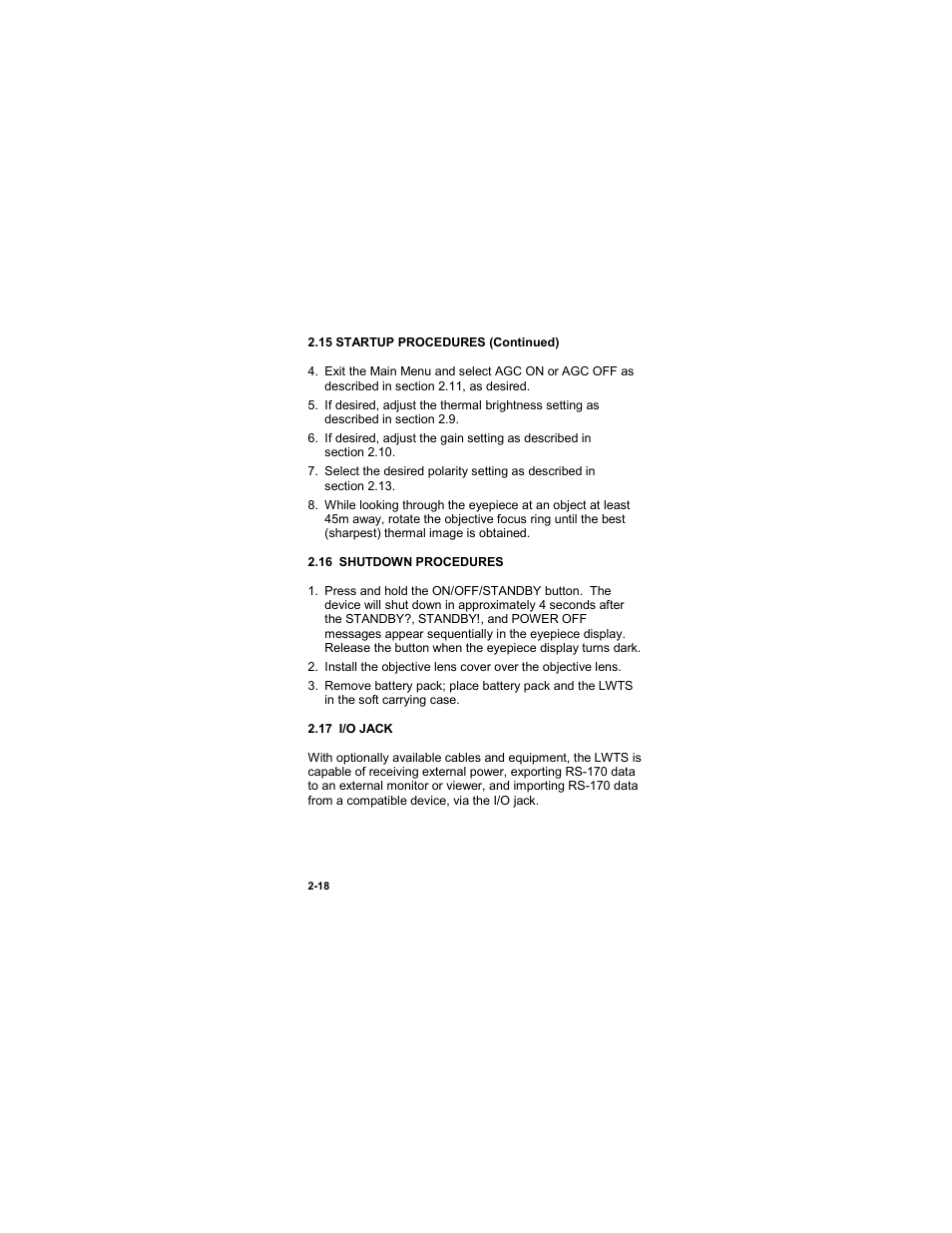 16 shutdown procedures, 17 i/o jack, 16 shutdown procedures -18 | 17 i/o jack -18 | EOTech LWTS Light Weapon Thermal Sight User Manual | Page 36 / 82