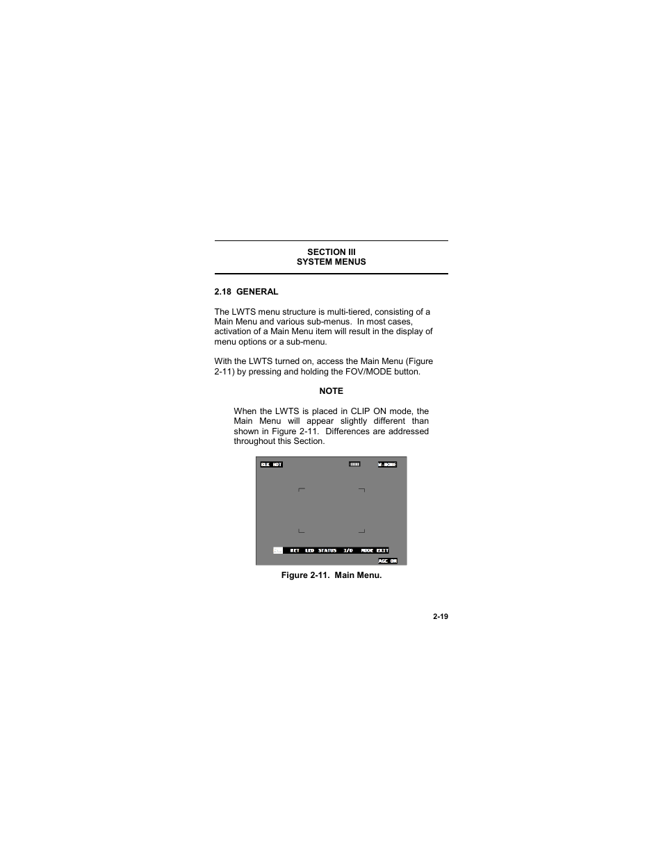 Section iii, System menus, 18 general | Section iii -19, System menus -19, 18 general -19, Figure 2-11. main menu -19 | EOTech LWTS Light Weapon Thermal Sight User Manual | Page 37 / 82