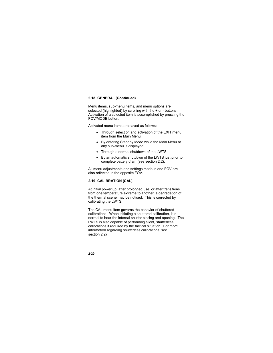 19 calibration (cal), 19 calibration (cal) -20 | EOTech LWTS Light Weapon Thermal Sight User Manual | Page 38 / 82