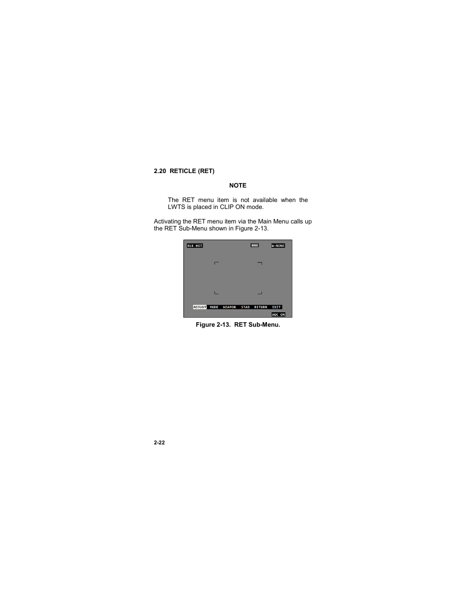 20 reticle (ret), Figure 2-13. ret sub-menu -22 | EOTech LWTS Light Weapon Thermal Sight User Manual | Page 40 / 82