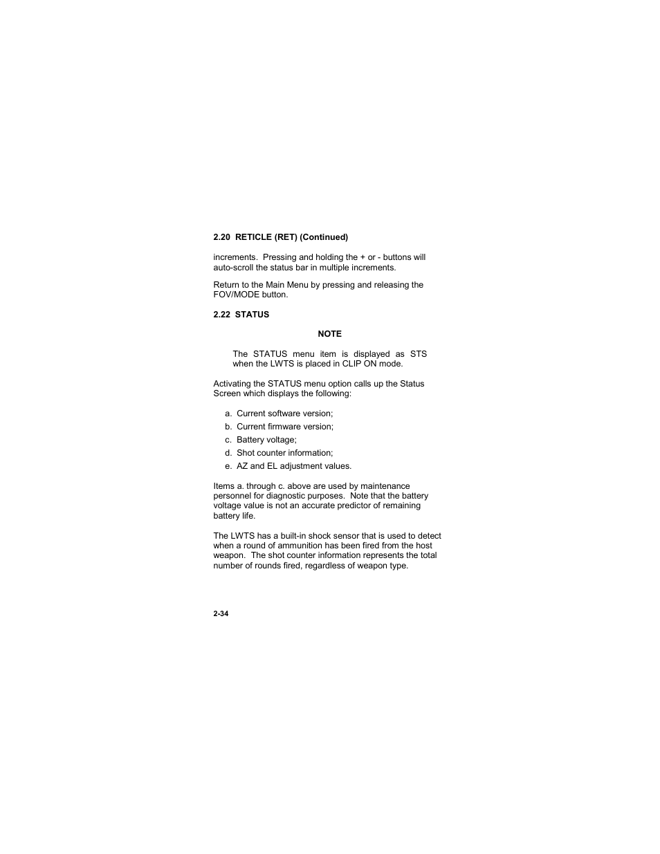 22 status, 22 status -34 | EOTech LWTS Light Weapon Thermal Sight User Manual | Page 52 / 82