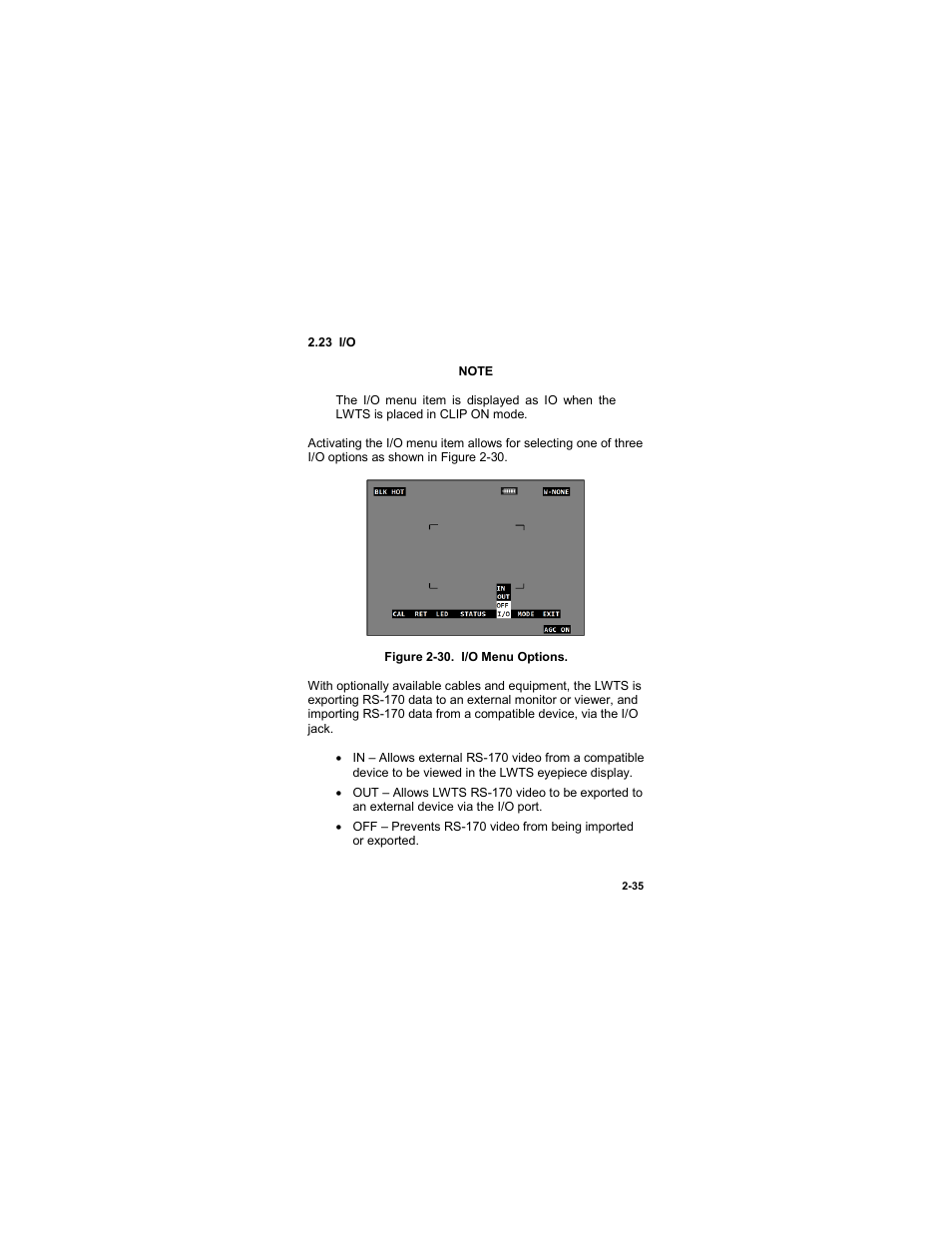 23 i/o, 23 i/o -35, Figure 2-30. i/o menu options -35 | EOTech LWTS Light Weapon Thermal Sight User Manual | Page 53 / 82