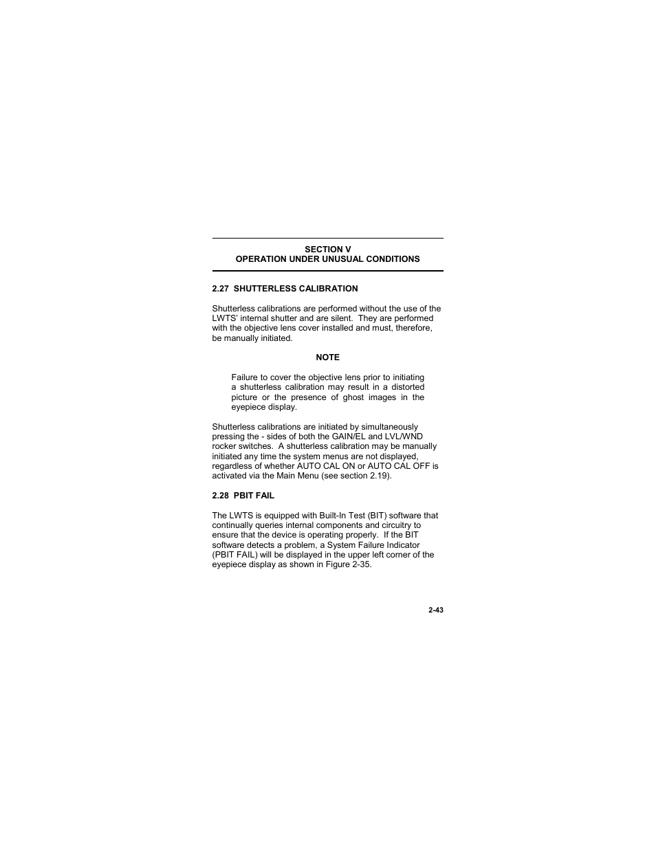 Section v, Operation under unusual conditions, 27 shutterless calibration | 28 pbit fail, Section v -43, Operation under unusual conditions -43, 27 shutterless calibration -43, 28 pbit fail -43 | EOTech LWTS Light Weapon Thermal Sight User Manual | Page 61 / 82