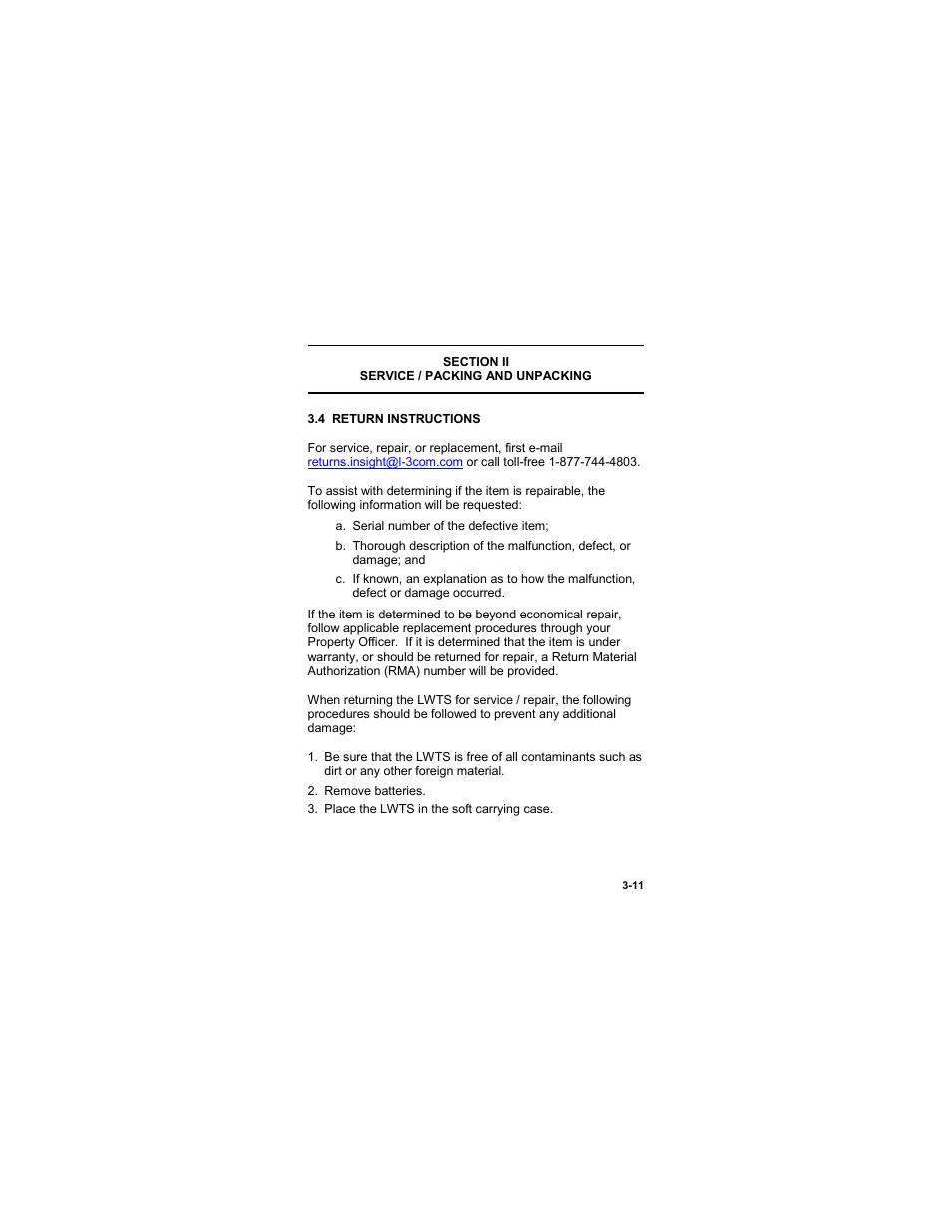 Section ii, Service / packing and unpacking, 4 return instructions | Section ii -11, Service / packing and unpacking -11, 4 return instructions -11 | EOTech LWTS Light Weapon Thermal Sight User Manual | Page 75 / 82