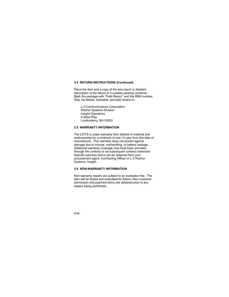 5 warranty information, 6 non-warranty information, 5 warranty information -12 | 6 non-warranty information -12 | EOTech LWTS Light Weapon Thermal Sight User Manual | Page 76 / 82