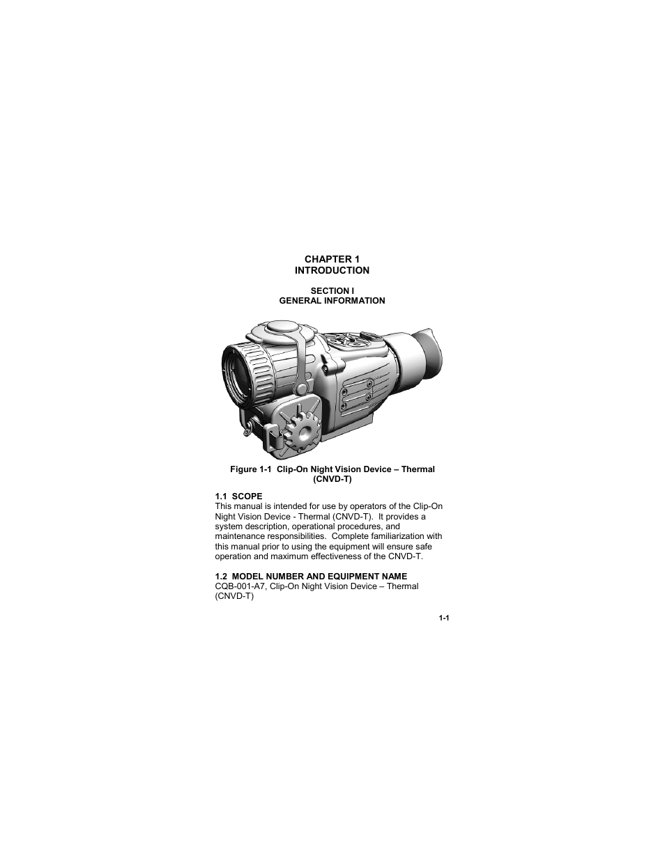 Introduction, Section i, General information | 1 scope, 2 model number and equipment name, Chapter 1 -1, Introduction -1, Section i -1, General information -1, 1 scope -1 | EOTech CNVD-T (SU-232/PAS) Clip-On Night Vision Device - Thermal User Manual | Page 11 / 56