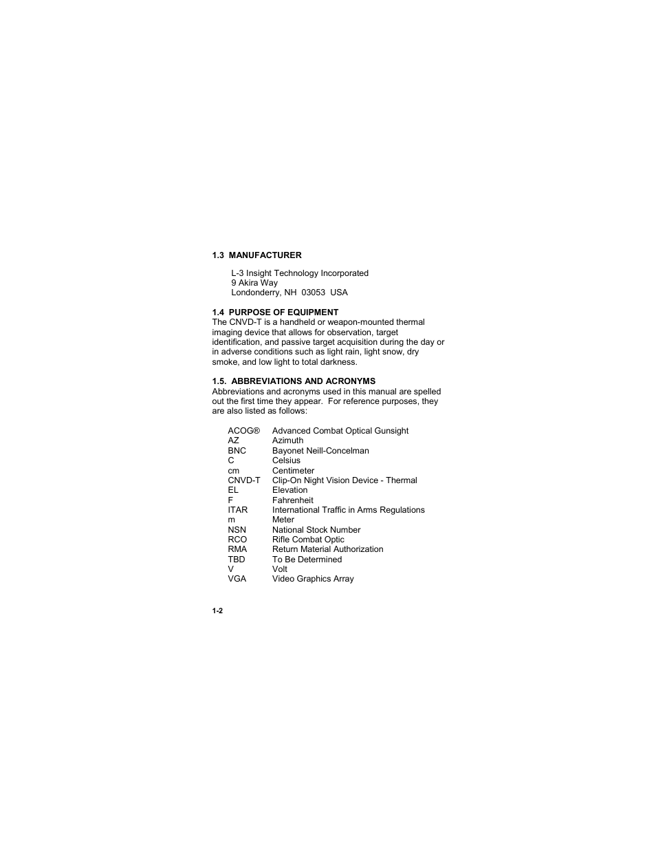 3 manufacturer, 4 purpose of equipment, Abbreviations and acronyms | 3 manufacturer -2, 4 purpose of equipment -2, Abbreviations and acronyms -2 | EOTech CNVD-T (SU-232/PAS) Clip-On Night Vision Device - Thermal User Manual | Page 12 / 56