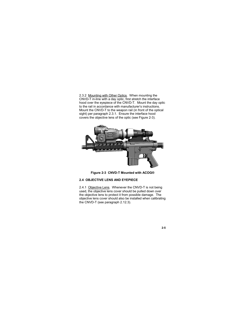 4 objective lens and eyepiece, 4 objective lens and eyepiece -5, Figure 2-3 cnvd-t mounted with acog | EOTech CNVD-T (SU-232/PAS) Clip-On Night Vision Device - Thermal User Manual | Page 21 / 56