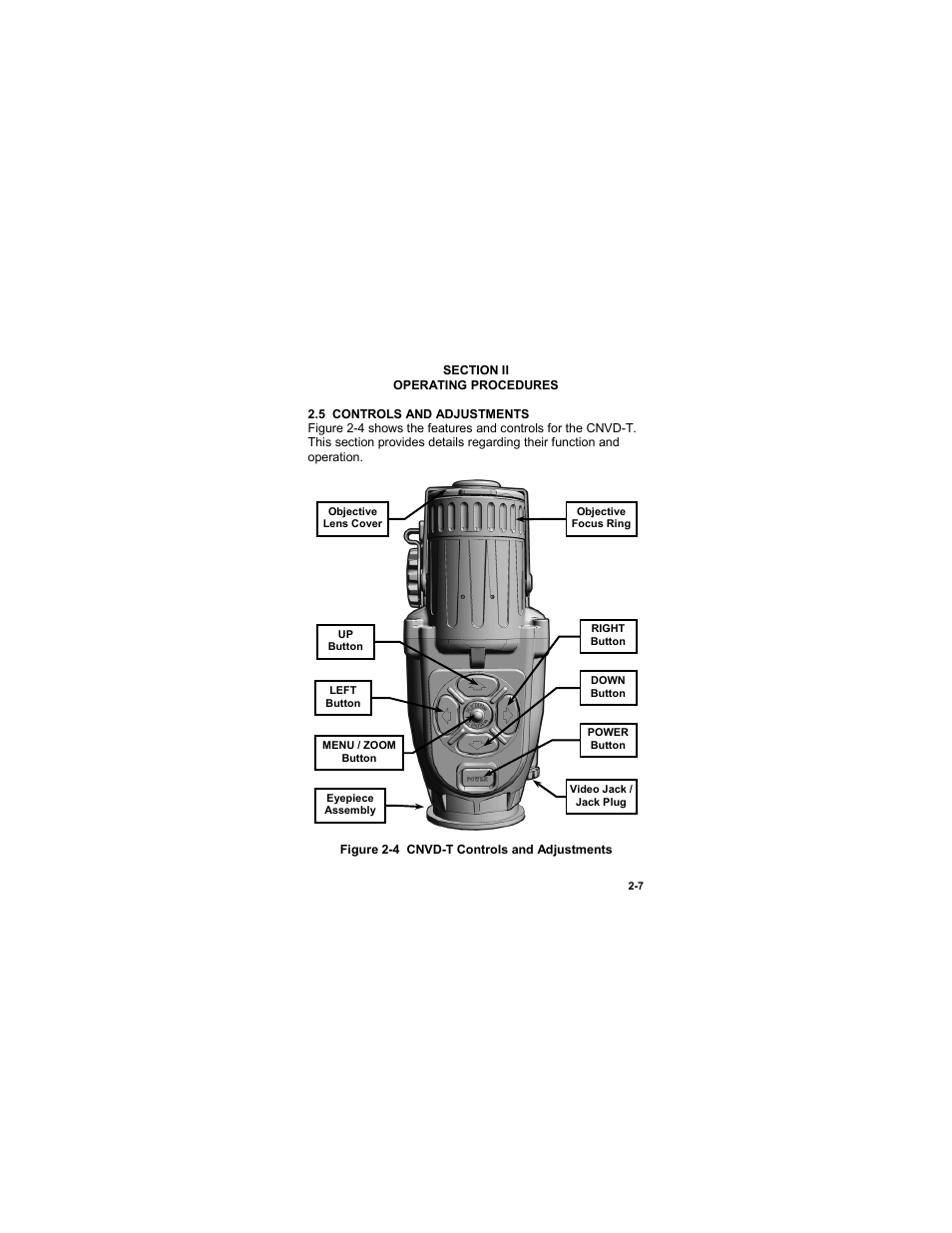 Section ii, Operating procedures, 5 controls and adjustments | Section ii -7, Operating procedures -7, 5 controls and adjustments -7, Figure 2-4 cnvd-t controls and adjustments | EOTech CNVD-T (SU-232/PAS) Clip-On Night Vision Device - Thermal User Manual | Page 23 / 56