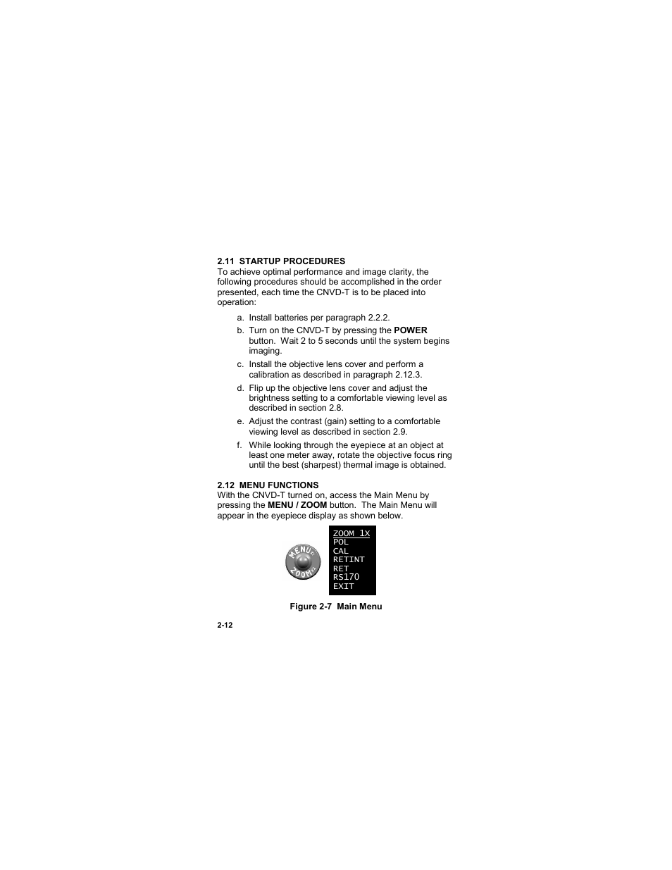 11 startup procedures, 12 menu functions, 11 startup procedures -12 | 12 menu functions -12, Figure 2-7 main menu | EOTech CNVD-T (SU-232/PAS) Clip-On Night Vision Device - Thermal User Manual | Page 28 / 56