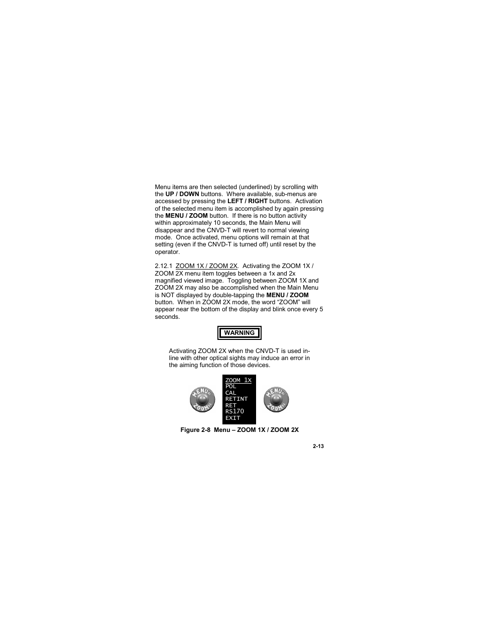 Figure 2-8 menu – zoom 1x / zoom 2x | EOTech CNVD-T (SU-232/PAS) Clip-On Night Vision Device - Thermal User Manual | Page 29 / 56