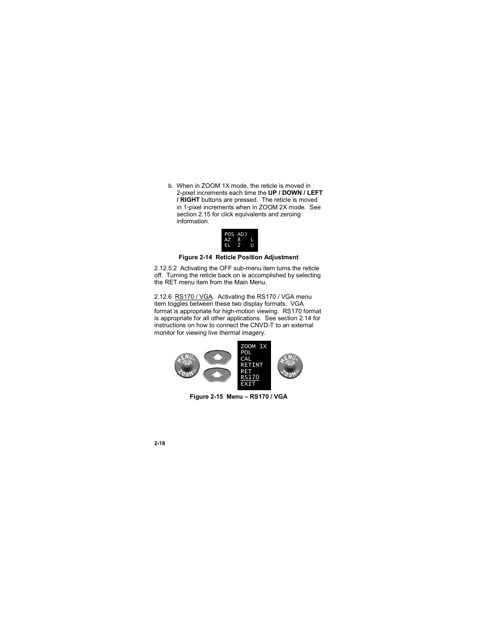 Figure 2-14 reticle position adjustment, Figure 2-15 menu – rs170 / vga | EOTech CNVD-T (SU-232/PAS) Clip-On Night Vision Device - Thermal User Manual | Page 34 / 56