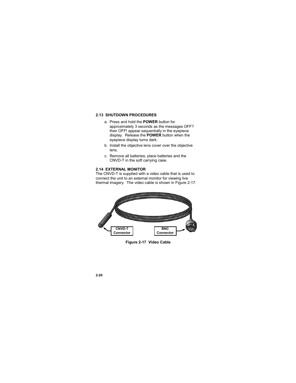 13 shutdown procedures, 14 external monitor, 13 shutdown procedures -20 | 14 external monitor -20, Figure 2-17 video cable | EOTech CNVD-T (SU-232/PAS) Clip-On Night Vision Device - Thermal User Manual | Page 36 / 56