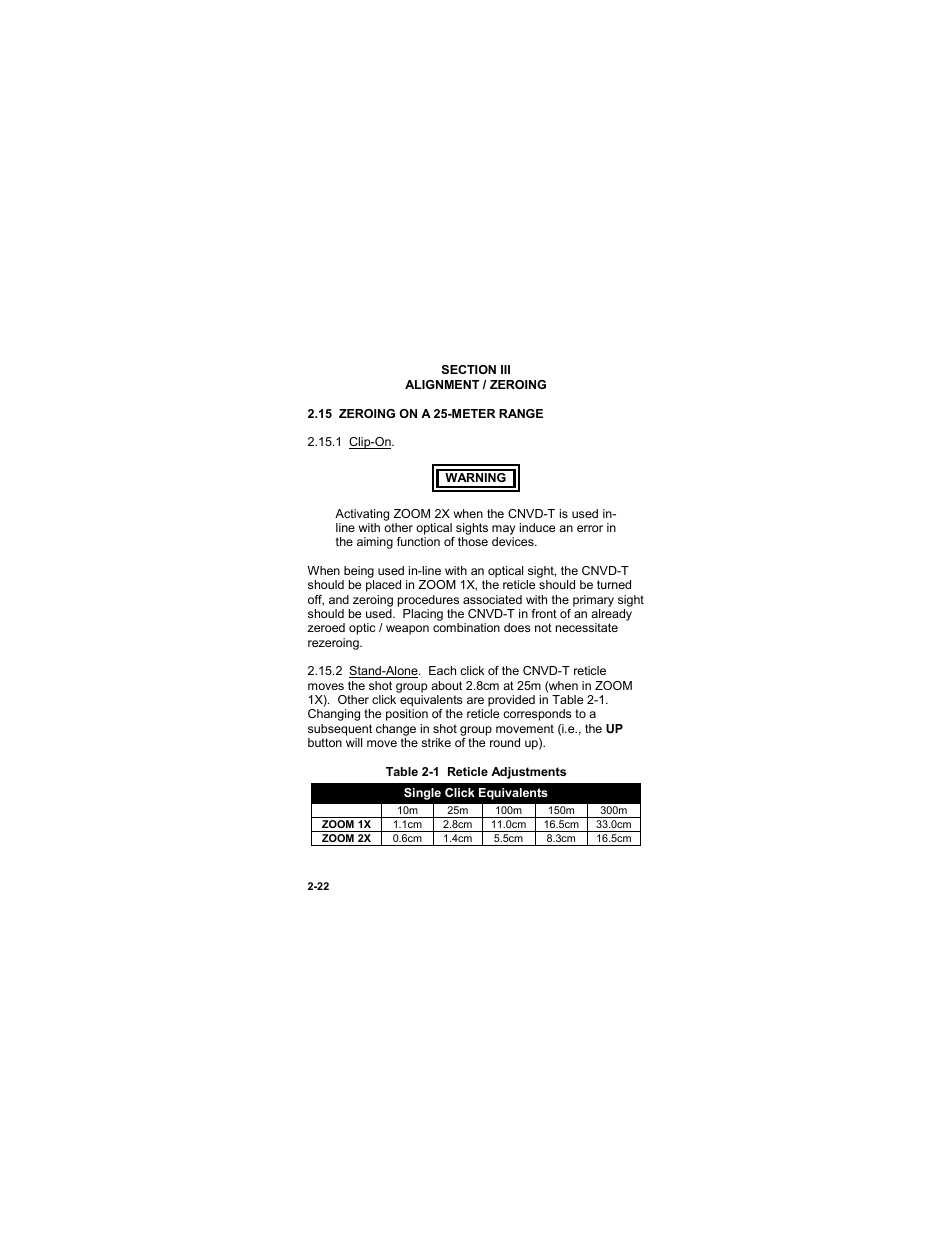 Section iii, Alignment / zeroing, 15 zeroing on a 25-meter range | Section iii -22, Zeroing procedures -22, 15 zeroing on a 25-meter range -22, Table 2-1 reticle adjustments | EOTech CNVD-T (SU-232/PAS) Clip-On Night Vision Device - Thermal User Manual | Page 38 / 56