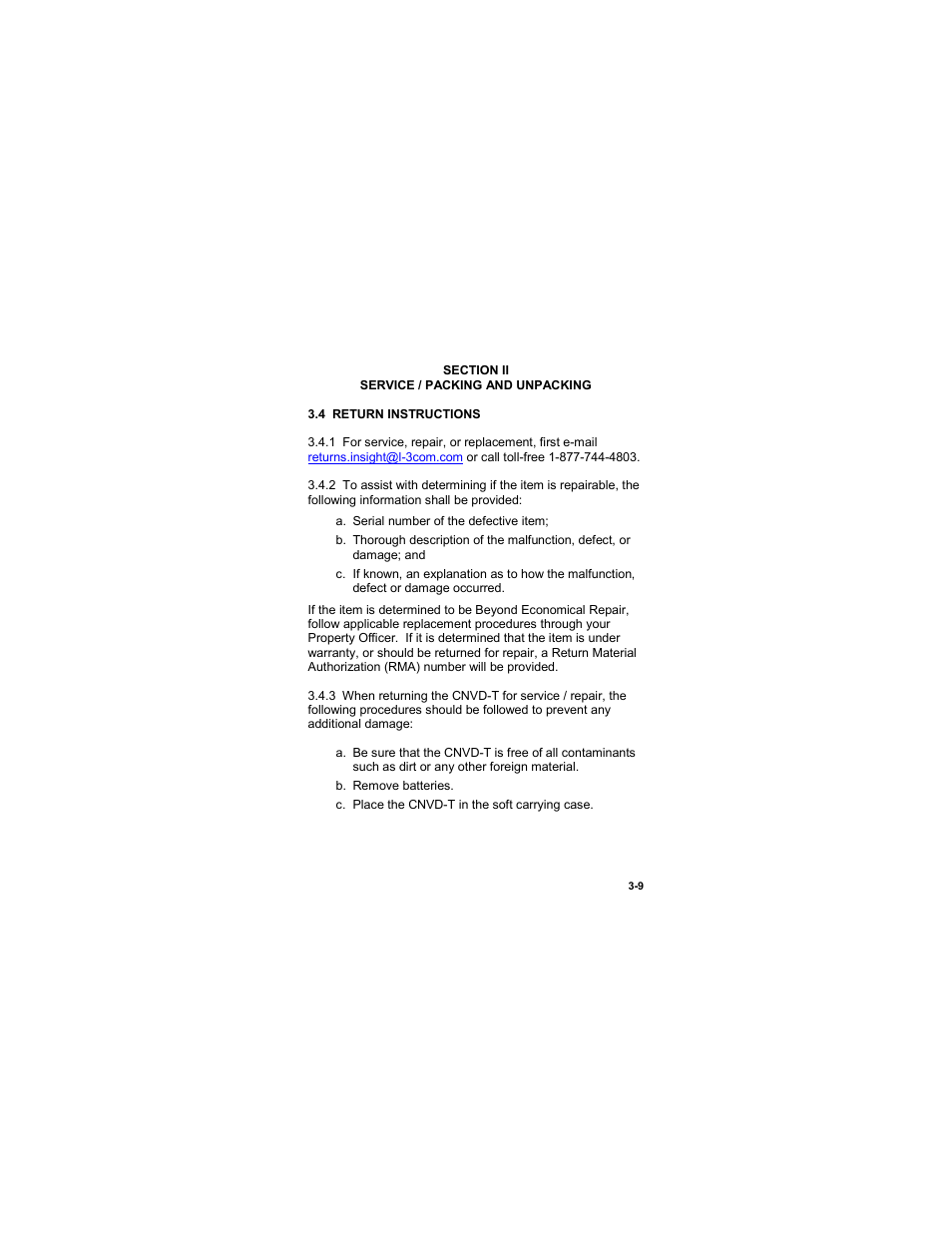 Section ii, Service / packing and unpacking, 4 return instructions | Section ii -9, Service / packing and unpacking -9, 4 return instructions -9 | EOTech CNVD-T (SU-232/PAS) Clip-On Night Vision Device - Thermal User Manual | Page 51 / 56