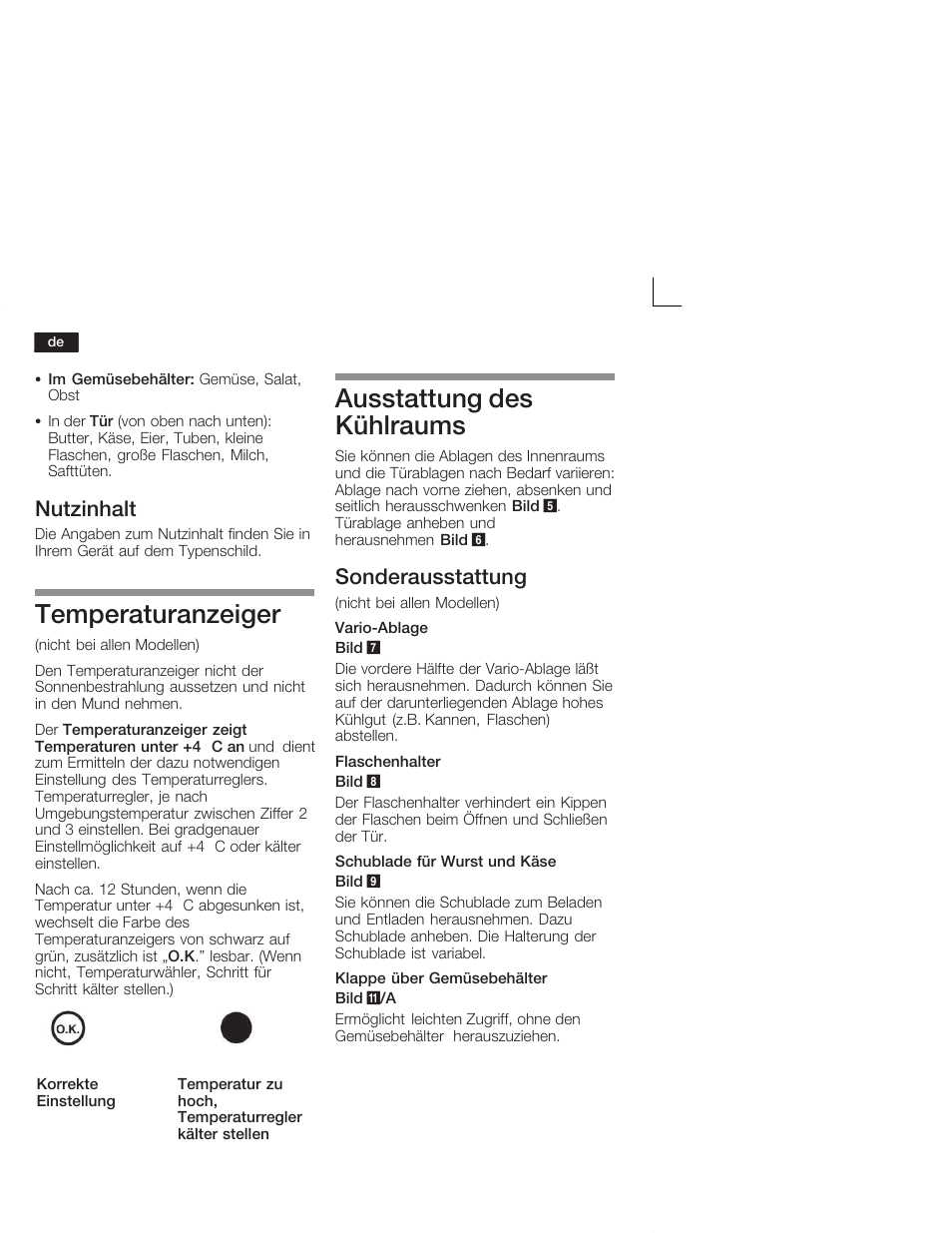 Temperaturanzeiger, Ausstattung des kühlraums, Nutzinhalt | Sonderausstattung | Neff K4644X7 User Manual | Page 10 / 85